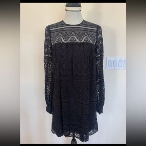 Milly Women Juniors Sz 4 Black Lace Tunic Shift Dress Long Sleeve Buttoned Cuffs